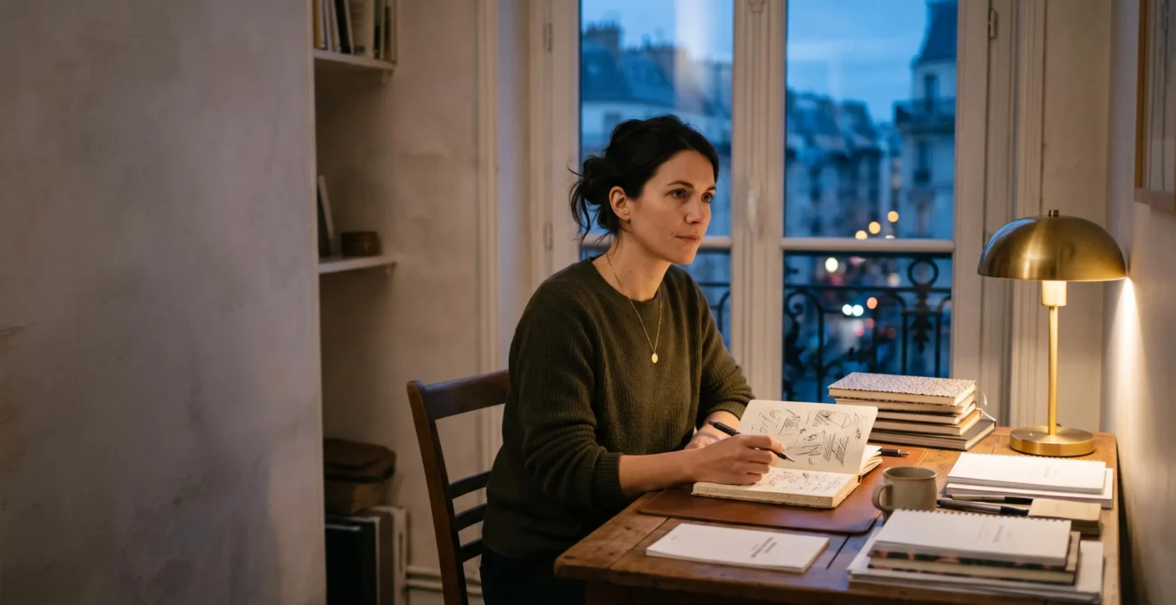 Adulte français en reconversion professionnelle révisant chez lui le soir pour préparer son baccalauréat en candidat libre