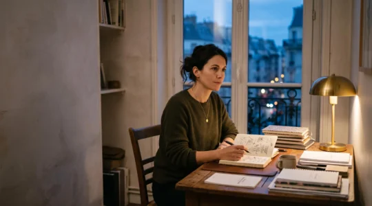 Adulte français en reconversion professionnelle révisant chez lui le soir pour préparer son baccalauréat en candidat libre