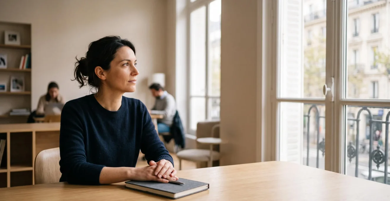 Adulte en reconversion professionnelle réfléchissant dans un centre de formation lumineux et moderne en France