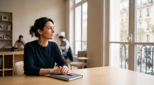 Adulte en reconversion professionnelle réfléchissant dans un centre de formation lumineux et moderne en France