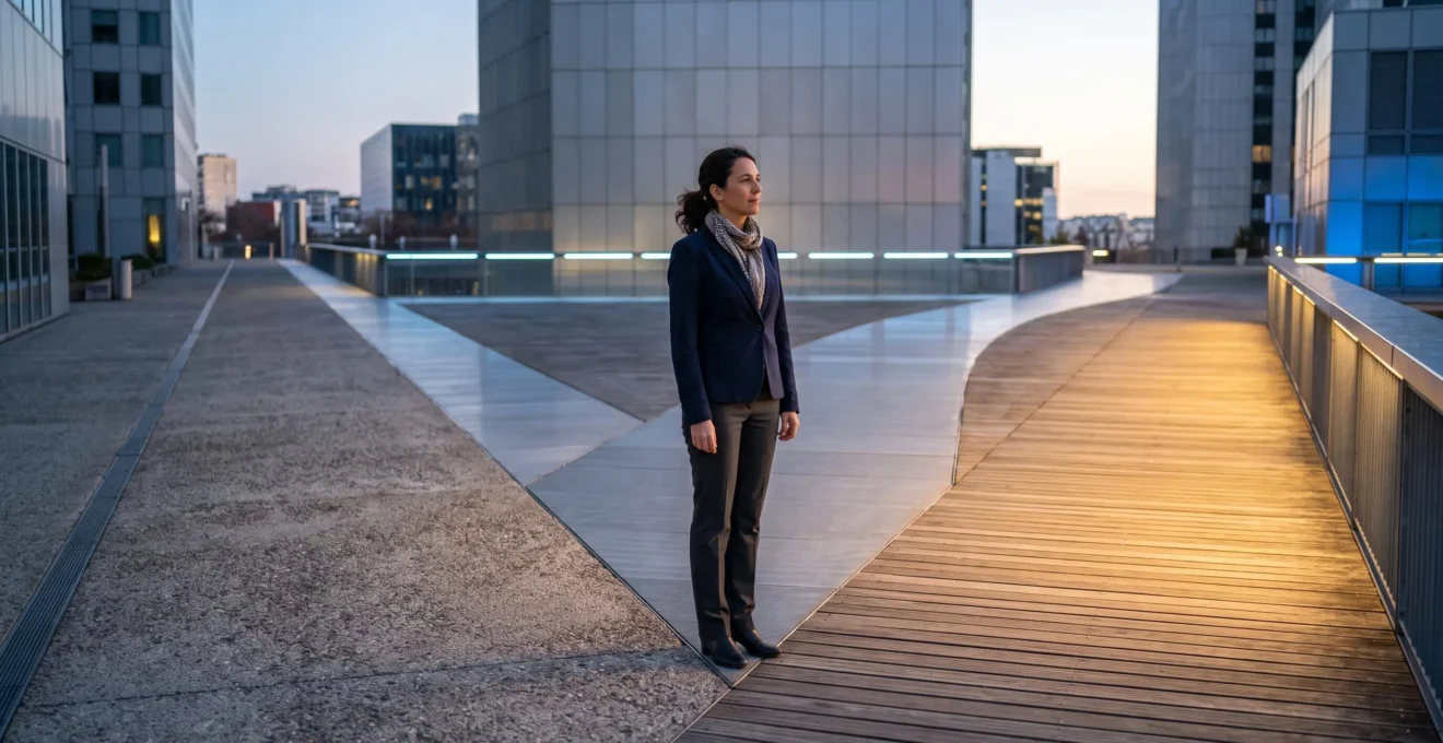 Photographie symbolique d'un professionnel français face à un carrefour de parcours de spécialisation, illustrant le choix d'une formation rentable