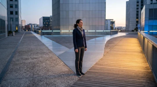 Photographie symbolique d'un professionnel français face à un carrefour de parcours de spécialisation, illustrant le choix d'une formation rentable