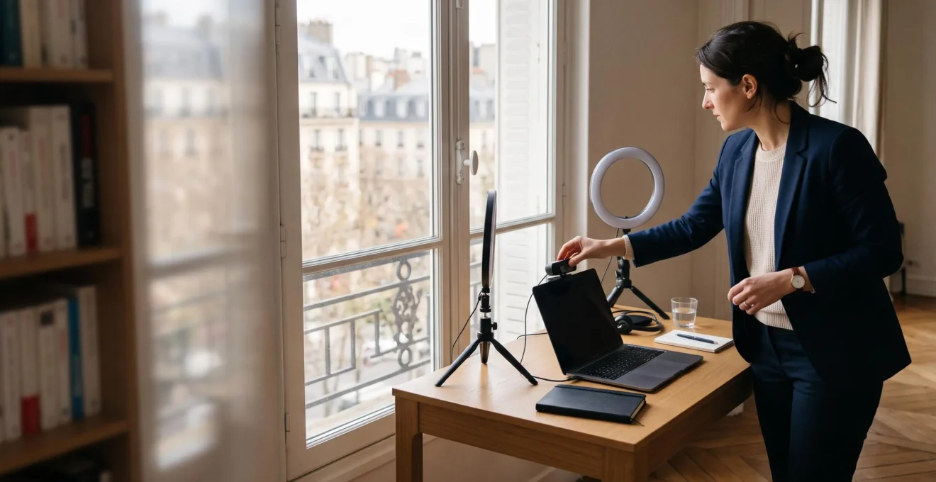 Formateur professionnel installe son poste de visioconference dans un bureau lumineux pour animer une session de formation a distance