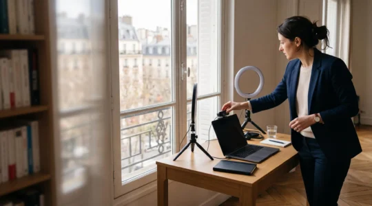 Formateur professionnel installe son poste de visioconference dans un bureau lumineux pour animer une session de formation a distance