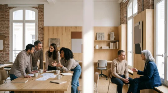 Deux parcours de formation en France, l'un collectif en salle de classe lumineuse, l'autre individuel en coaching personnalisé, symbolisant un choix de rythme d'apprentissage