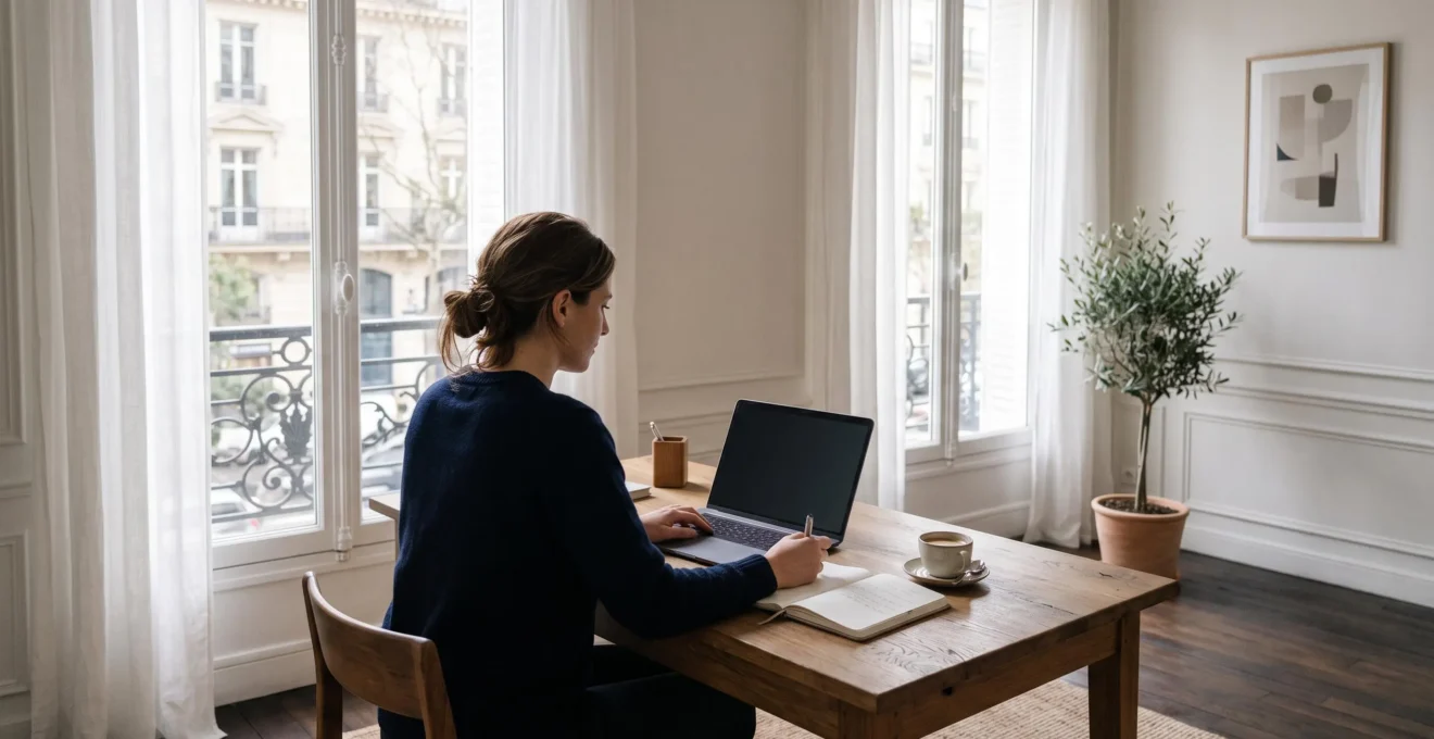 Professionnel suivant une classe virtuelle depuis un bureau lumineux et epure dans un appartement francais