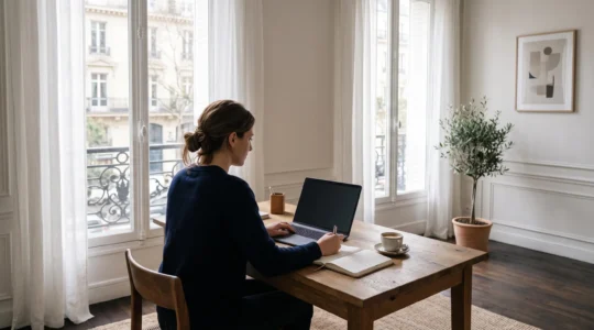Professionnel suivant une classe virtuelle depuis un bureau lumineux et epure dans un appartement francais