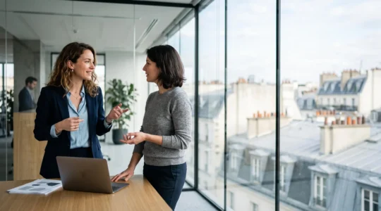 Un professionnel dans un bureau moderne français échangeant avec un cadre RH, symbolisant le dialogue stratégique autour de l'évolution de carrière