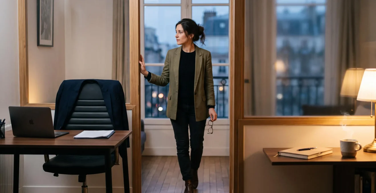 Professionnel francais organisant son temps entre travail de bureau et session de formation en soiree