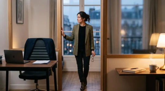 Professionnel francais organisant son temps entre travail de bureau et session de formation en soiree