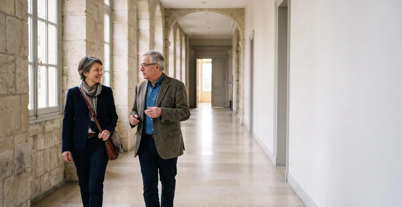 Un agent public et son conseiller mobilite carriere echangent dans un couloir lumineux d'un batiment administratif francais, symbole d'un accompagnement de carriere securise