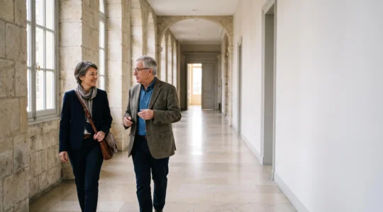 Un agent public et son conseiller mobilite carriere echangent dans un couloir lumineux d'un batiment administratif francais, symbole d'un accompagnement de carriere securise