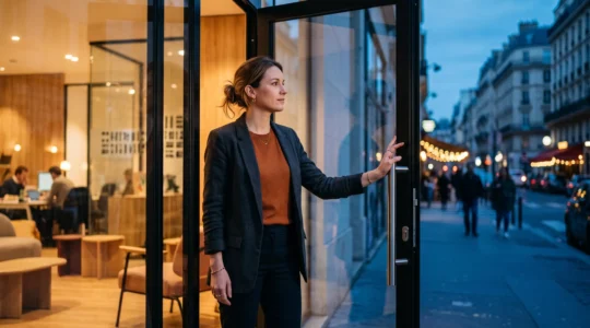 Un cadre quitte son bureau au crépuscule, silhouette se détachant entre lumière professionnelle et vie personnelle, symbole de l'équilibre travail-vie privée en France