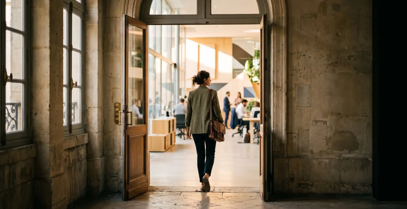 Jeune diplome francais franchissant symboliquement le seuil entre le monde etudiant et le monde professionnel