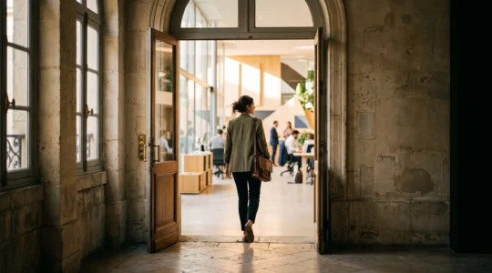 Jeune diplome francais franchissant symboliquement le seuil entre le monde etudiant et le monde professionnel