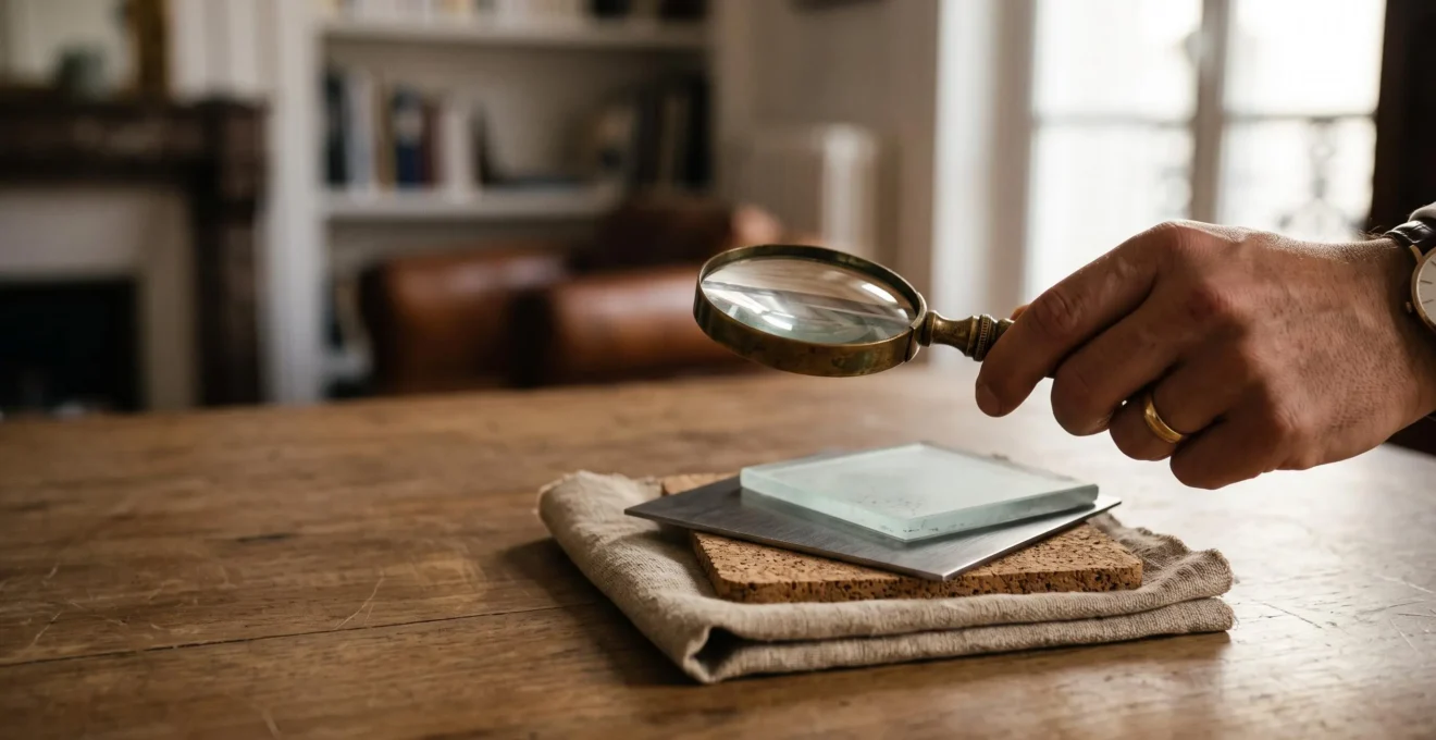 Main tenant une loupe au-dessus de couches de matieres texturees symbolisant l'analyse de la richesse d'un contenu de formation avant paiement