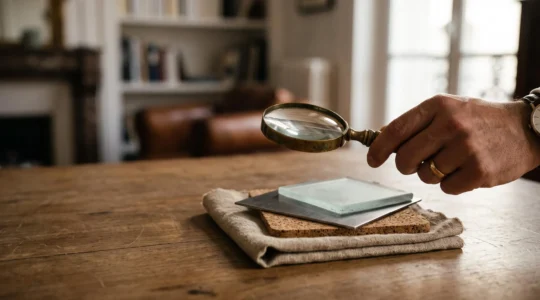 Main tenant une loupe au-dessus de couches de matieres texturees symbolisant l'analyse de la richesse d'un contenu de formation avant paiement