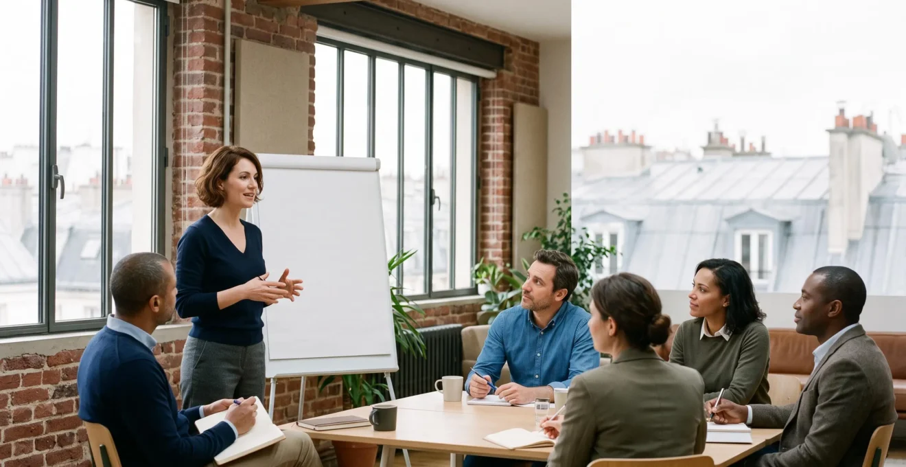 Un formateur échangeant avec un petit groupe de professionnels dans une salle de formation lumineuse en France