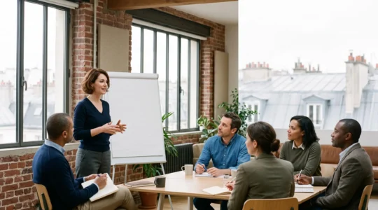 Un formateur échangeant avec un petit groupe de professionnels dans une salle de formation lumineuse en France
