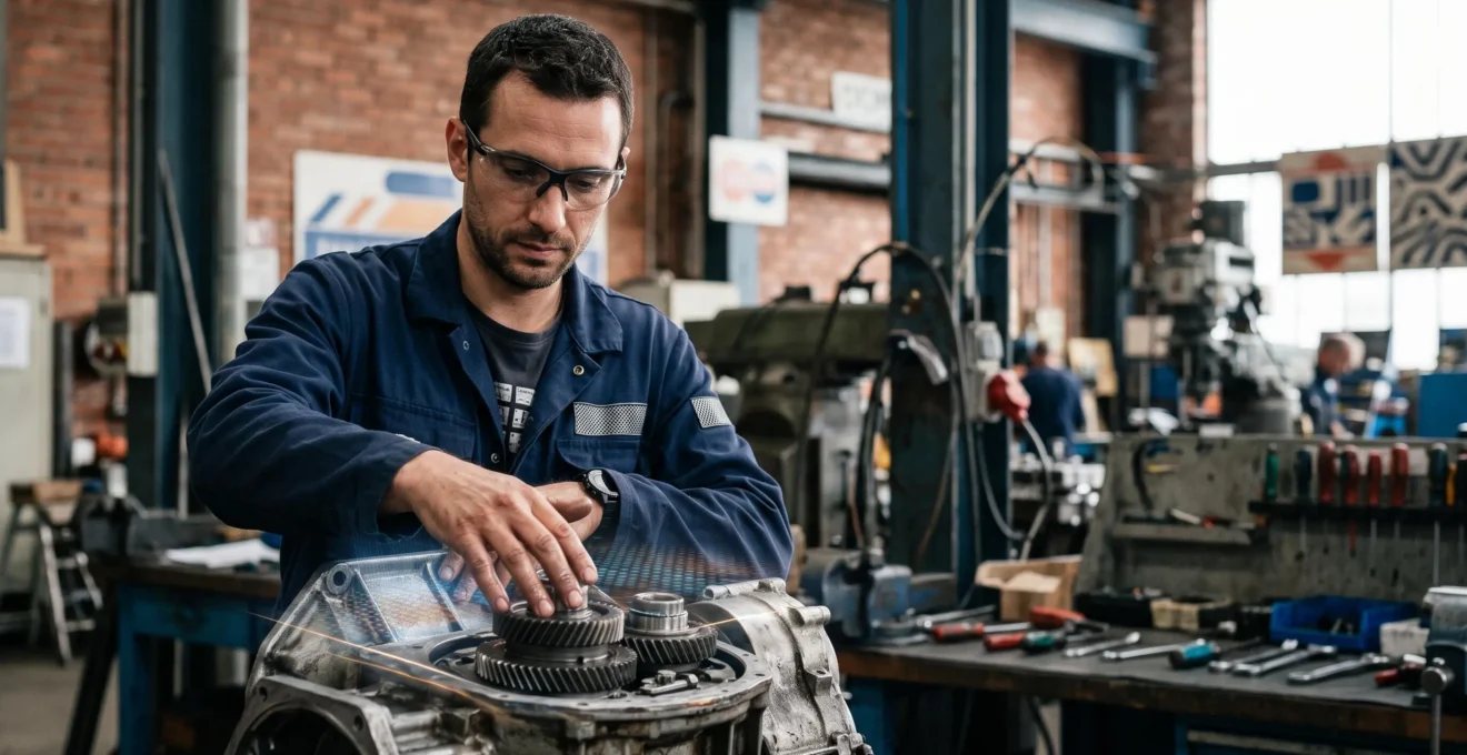 Un technicien francais en atelier industriel guide sa main vers une piece mecanique grace a des reperes lumineux de realite augmentee