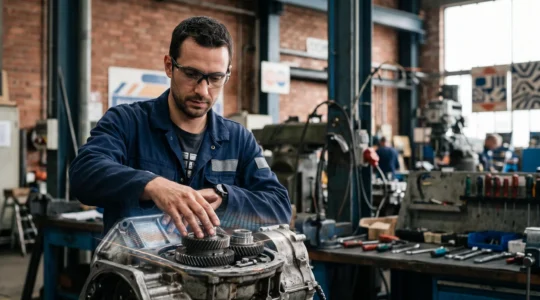 Un technicien francais en atelier industriel guide sa main vers une piece mecanique grace a des reperes lumineux de realite augmentee