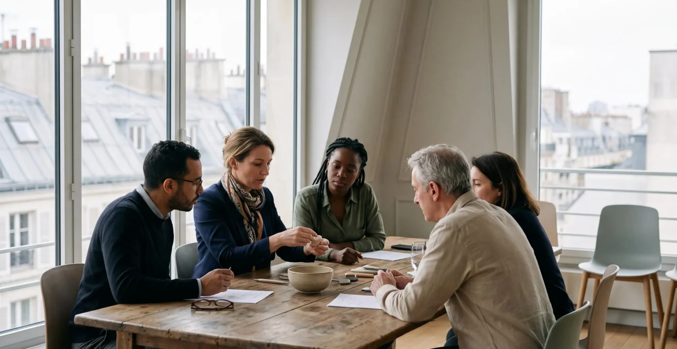 Formateur et apprenants echangeant en presentiel dans une salle de formation lumineuse en France, symbolisant la pertinence de l'apprentissage traditionnel a l'ere du digital learning