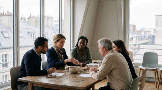 Formateur et apprenants echangeant en presentiel dans une salle de formation lumineuse en France, symbolisant la pertinence de l'apprentissage traditionnel a l'ere du digital learning