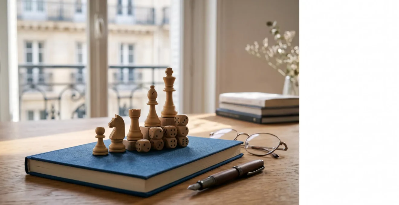 Éléments symboliques de jeu comme des pions et des dés entrelacés avec des objets de formation professionnelle dans un bureau lumineux à la française