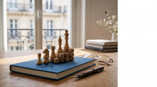 Éléments symboliques de jeu comme des pions et des dés entrelacés avec des objets de formation professionnelle dans un bureau lumineux à la française