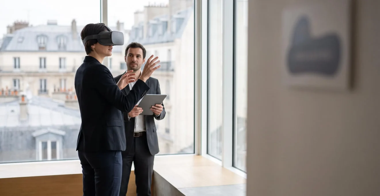 Formateur et apprenants français utilisant un casque de réalité virtuelle dans une salle de formation lumineuse et moderne