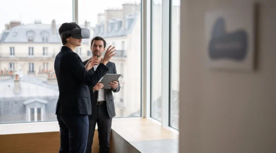 Formateur et apprenants français utilisant un casque de réalité virtuelle dans une salle de formation lumineuse et moderne