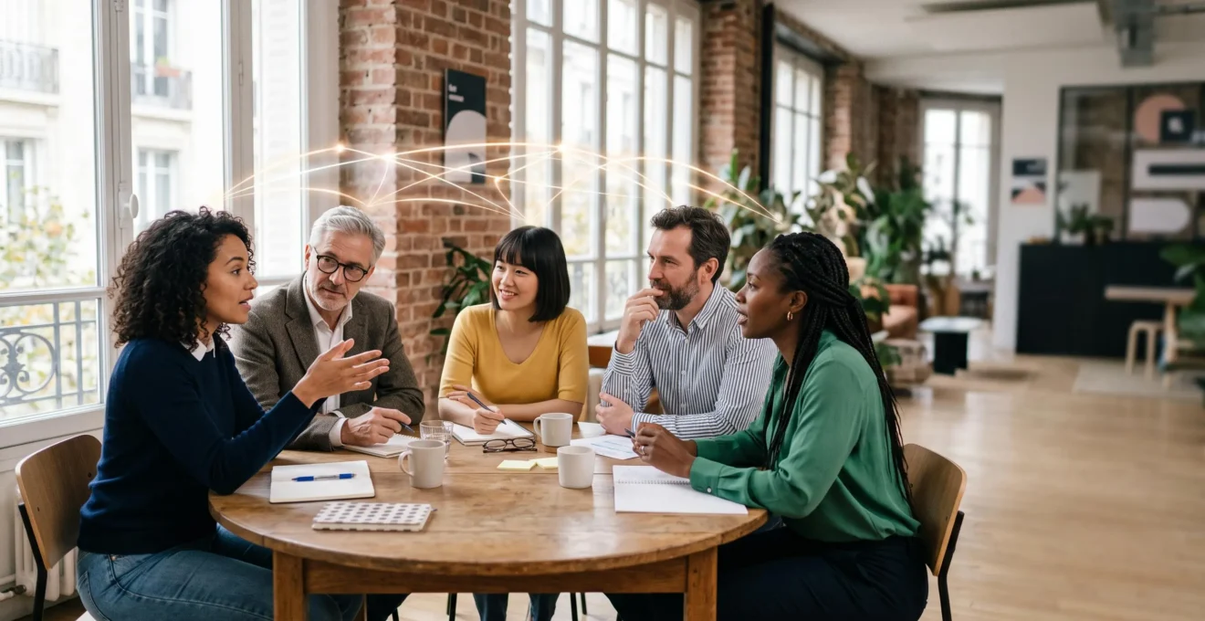Groupe de professionnels français réunis autour d'une table dans un espace de coworking lumineux, échangeant des idées de manière collaborative