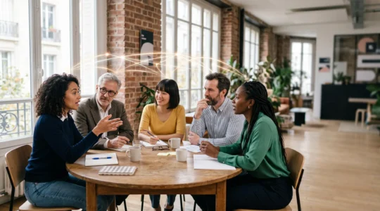 Groupe de professionnels français réunis autour d'une table dans un espace de coworking lumineux, échangeant des idées de manière collaborative