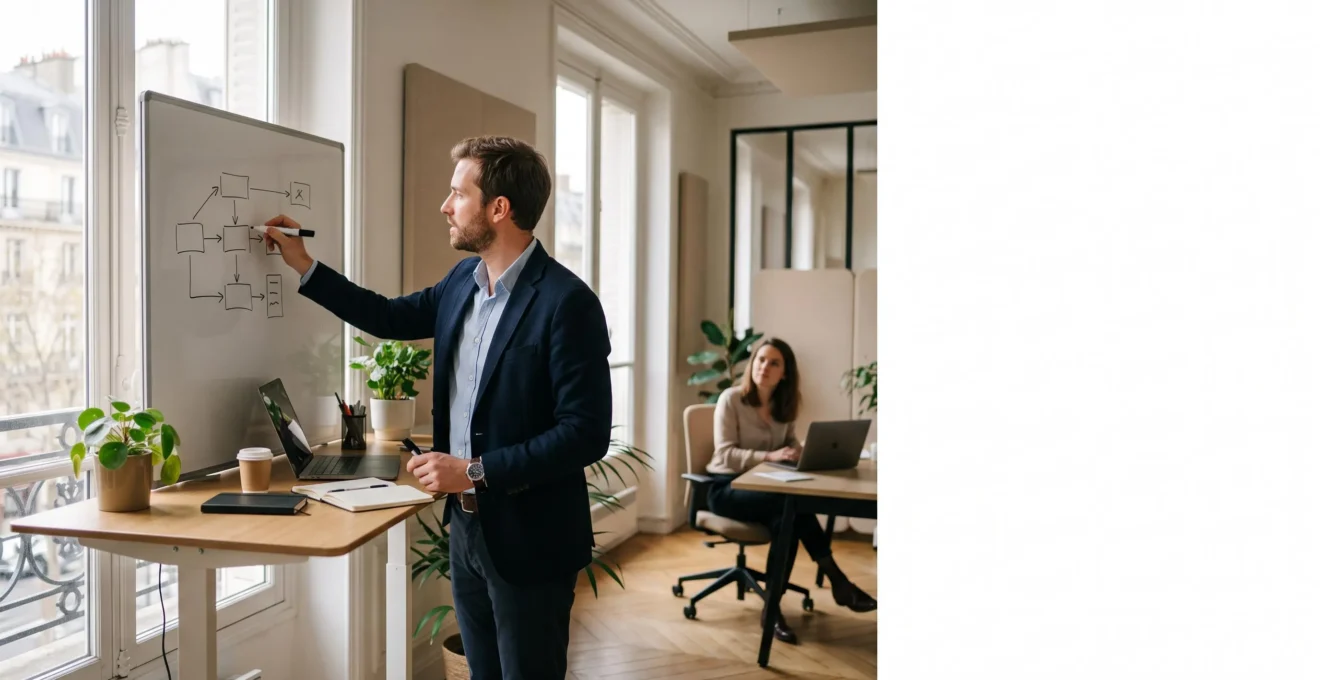 Un professionnel francais applique immediatement une competence fraichement acquise en formation dans un bureau lumineux