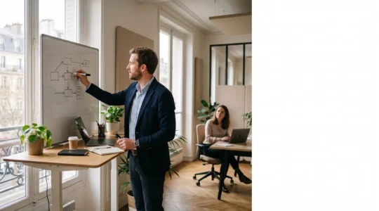 Un professionnel francais applique immediatement une competence fraichement acquise en formation dans un bureau lumineux