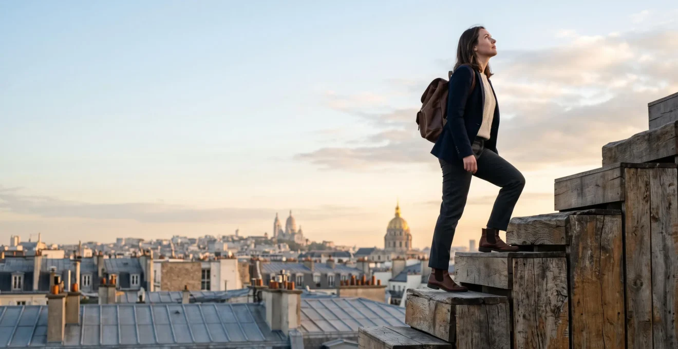 Silhouette professionnelle gravissant un escalier symbolique représentant un parcours de formations enchaînées vers un objectif de carrière en France