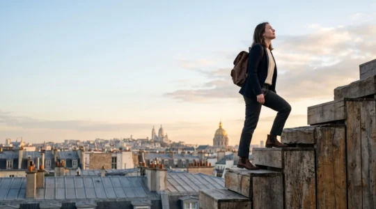 Silhouette professionnelle gravissant un escalier symbolique représentant un parcours de formations enchaînées vers un objectif de carrière en France