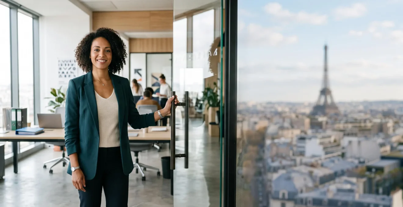 Professionnel ouvrant une porte sur un nouvel horizon de carrière international depuis un bureau moderne en France