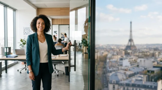 Professionnel ouvrant une porte sur un nouvel horizon de carrière international depuis un bureau moderne en France
