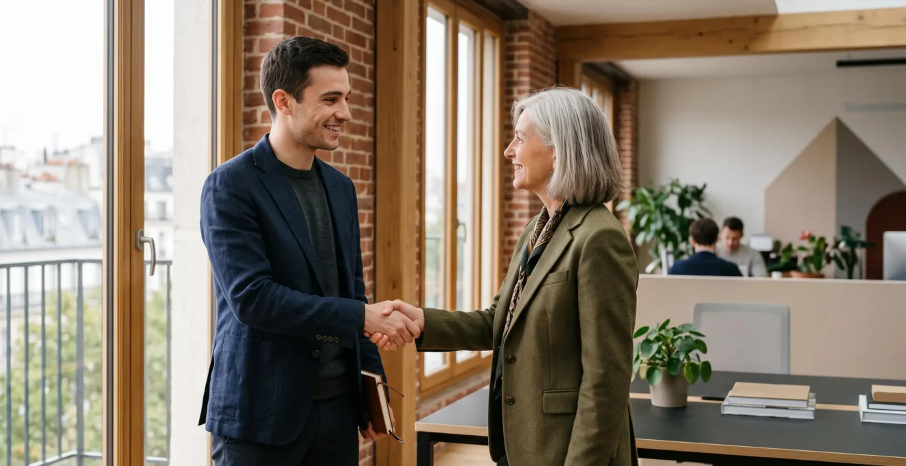 Jeune professionnel et manager se serrant la main dans un bureau lumineux, symbolisant la signature d'un partenariat d'alternance de qualité en France.