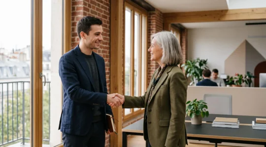 Jeune professionnel et manager se serrant la main dans un bureau lumineux, symbolisant la signature d'un partenariat d'alternance de qualité en France.