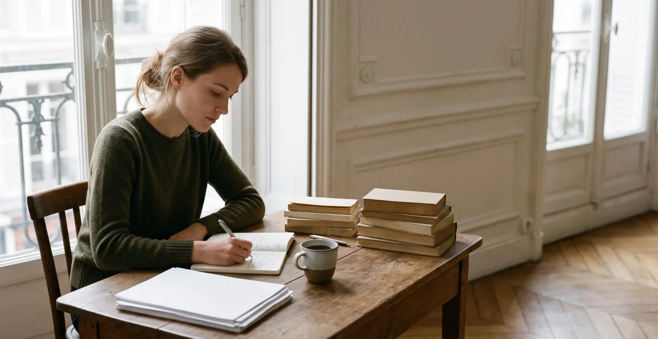 Jeune candidat concentré en pleine révision studieuse dans un environnement calme et lumineux évoquant une préparation intensive de concours