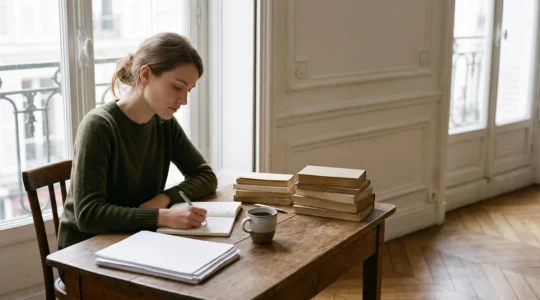 Jeune candidat concentré en pleine révision studieuse dans un environnement calme et lumineux évoquant une préparation intensive de concours