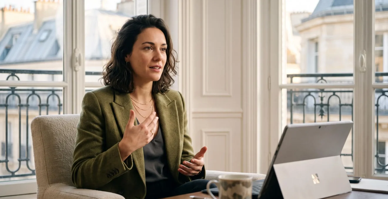 Professionnel francais s'exercant a parler une langue etrangere lors d'une session de coaching en visio dans un cadre lumineux et moderne