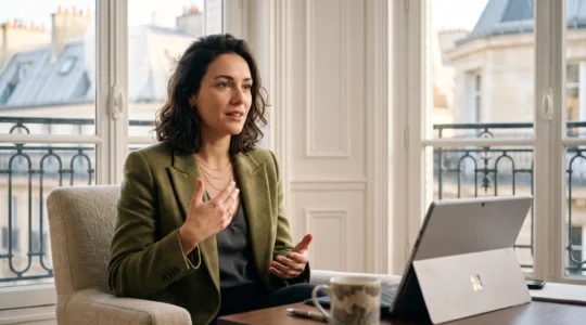 Professionnel francais s'exercant a parler une langue etrangere lors d'une session de coaching en visio dans un cadre lumineux et moderne