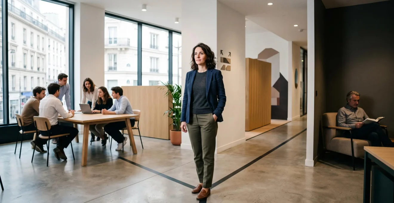 Adulte en reconversion professionnelle observant deux chemins symbolisant le choix entre formation classique et formation duale, dans un cadre urbain français