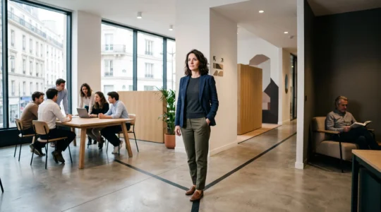 Adulte en reconversion professionnelle observant deux chemins symbolisant le choix entre formation classique et formation duale, dans un cadre urbain français