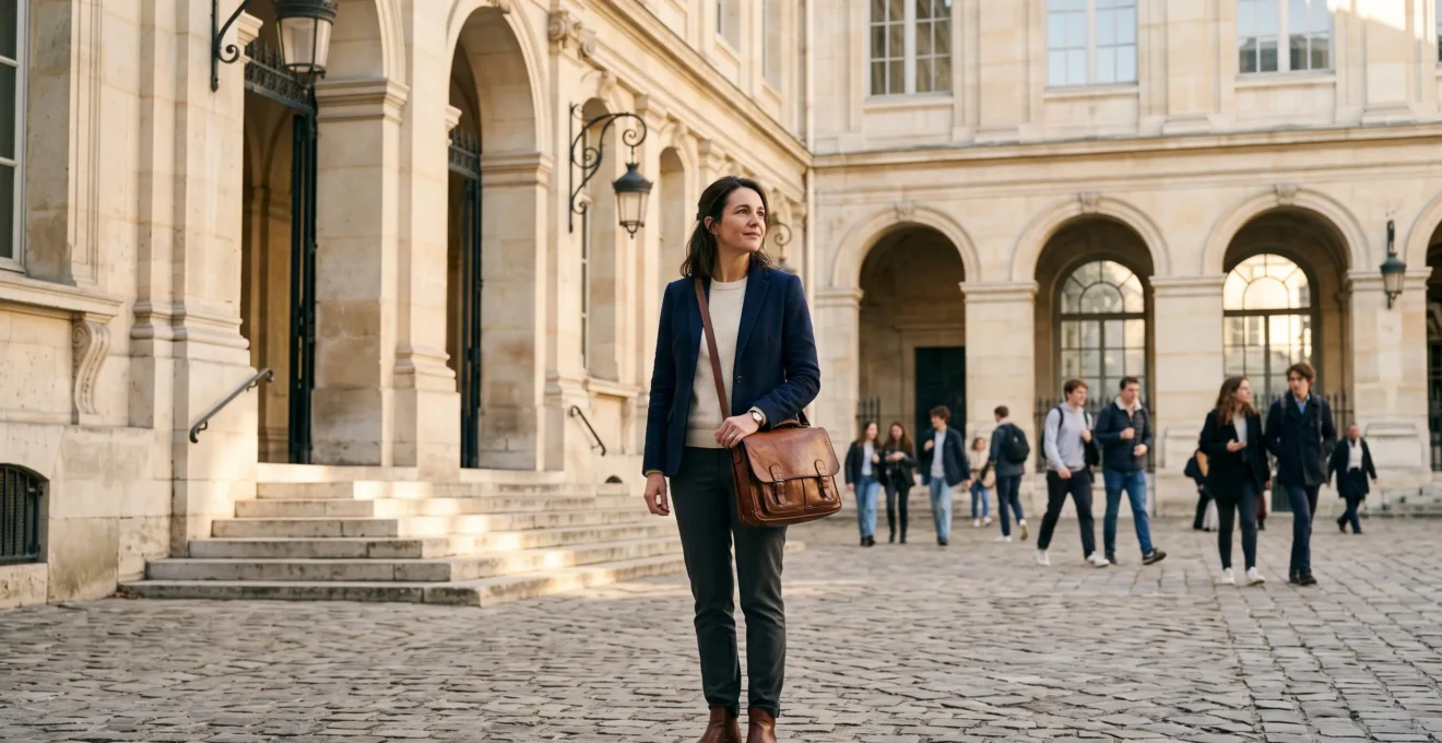 Adulte actif francais reprenant des etudes superieures apres dix ans d'interruption, symbolisant un nouveau depart academique