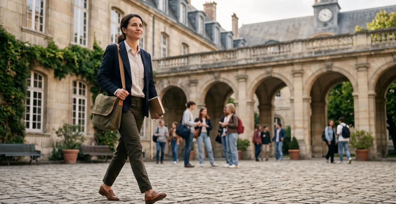 Adulte français d'une quarantaine d'années traversant un campus universitaire, symbole de la reprise d'études sans baccalauréat
