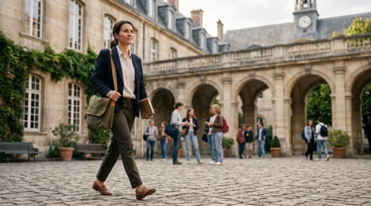 Adulte français d'une quarantaine d'années traversant un campus universitaire, symbole de la reprise d'études sans baccalauréat